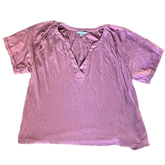 Lucky Brand Size Medium Waffle Knit Pink Popover Embroidered Linen Blend Blouse - Picture 1 of 7